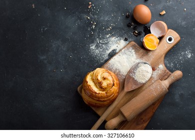 Baking Pastry Ingredients, Selective Focus. Cooking Course Poster Background - Layout With Free Text Space.