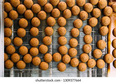 Baking Production Line. Cookies On Conveyor Belt, Top View.