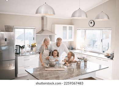 Baking, senior family and children in kitchen bonding, love and learning in morning with breakfast help. Real people or grandparents and girl kids teaching, cooking and food with home development - Powered by Shutterstock