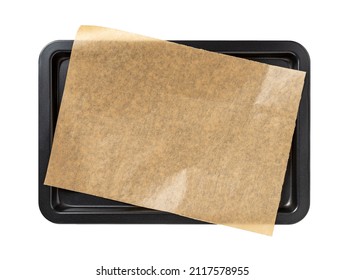 Baking sheet with brown parchment paper isolated on a white background. Empty oven tray for baking and roasting. Rectangular baking pan for food design. Nonstick kitchen utensils. Top view. - Shutterstock ID 2117578955