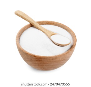 Baking soda in bowl and spoon isolated on white