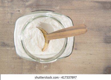 Baking Soda In Glass Bowl And Wooden Spoon