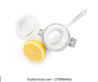 Baking Soda And Lemon On White Background, Top View