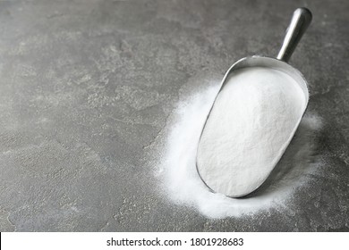 Baking Soda On Grey Table. Space For Text