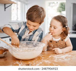 Baking, taste and children with brother, sister and learning cooking in home kitchen. Food, kids and help with girl and boy playing with flour, batter and eggs for muffins or cupcakes together - Powered by Shutterstock