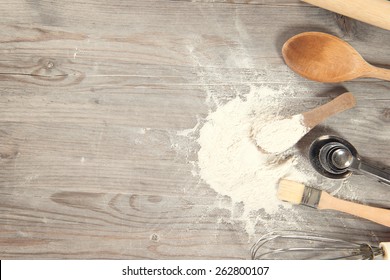 Baking Tools From Overhead View On Wooden Table In Vintage Tone, Copy Space On Side.