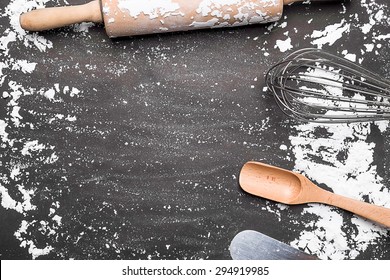 Baking Tools From Overhead View On Blackboard