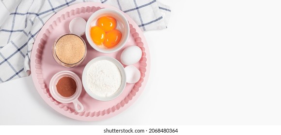 Baking Utensils And Cooking Ingredients For Tarts, Cookies, Dough And Pastry. Flat Lay With Eggs, Flour, Sugar, Cottage Cheese