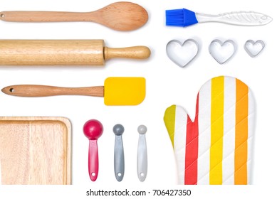 Baking Utensils From Top View On White Background - Isolated