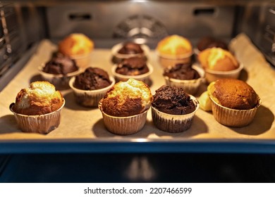 Baking vanilla and chocolate cupcakes in the oven. - Shutterstock ID 2207466599