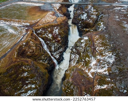 Bakkavegur, Iceland: aerial image of Kolugljufur Canyon and Vididalsa River with Kolufossar waterfalls