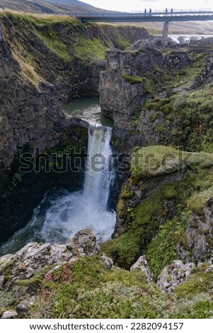Bakkavegur, Iceland: The bridge across Kolugljufur Canyon, near the Kolufossar Waterfalls, on the Vididalsa River.