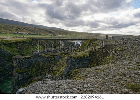 Bakkavegur, Iceland: The bridge across Kolugljufur Canyon, near the Kolufossar Waterfalls, on the Vididalsa River.