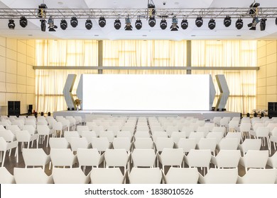 Baku / Azerbaijan - 03-12-2020: Big Empty Modern Seminar, Conference Hall With Projector Screen