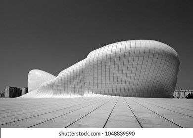 Baku, Azerbaijan, 09.16.2014, Cultural Center building named after Heydar Aliyev, architector Zaha Hadid, black and white artistic photo