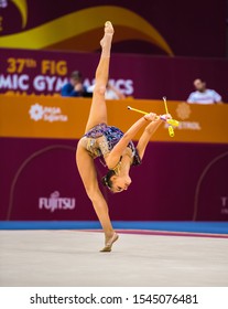 BAKU, AZERBAIJAN -16-22 SEPTEMBER, 2019: 37th FIG Rhythmic Gymnastics World Championships, Individual Apparatus Qualification, Dina Averina (RUS) Clubs 