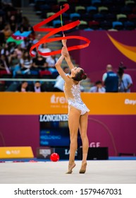 BAKU, AZERBAIJAN -16-22 SEPTEMBER, 2019: 37th FIG Rhythmic Gymnastics World Championships, All Around Finals, RGI, Dina Averina (Russia) Ribbon Final