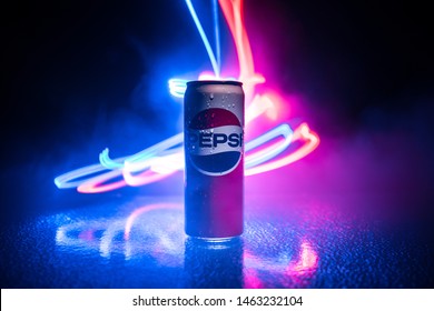 BAKU, AZERBAIJAN - APRIL 20,2019 : Pepsi can against dark toned foggy background. Pepsi is a carbonated soft drink produced by PepsiCo.