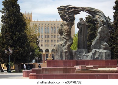 BAKU, AZERBAIJAN - APRIL 25, 2017: Building Of Azerbaijan National Academy Of Sciences And Monument To Huseyn Javid, Prominent Poet And Playwright Of The Early 20th Century.