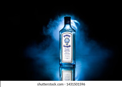 Baku, Azerbaijan - JUNE 16. 2019, Bottle of Bombay Sapphire, a brand of gin distributed by Bacardi. Introduced to the market in 1987 by International Distillers and Vintners.