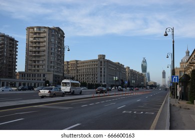 Baku, Azerbaijan - May 07, 2017. Heydar Aliyev Prospect Bus Right-of-way Segregation