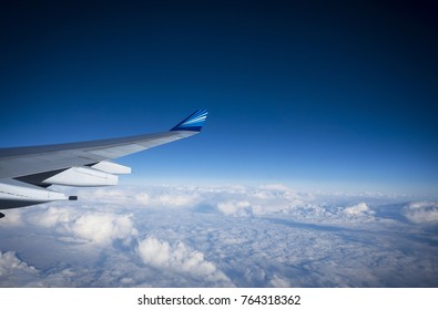 Baku, Azerbaijan - November 2017: Airplane Wing View - Azerbaijan Airlines