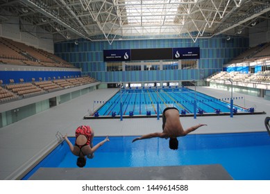 Baku,Baku/Azerbaijan - August 2015: High Diving In Olympic Pool