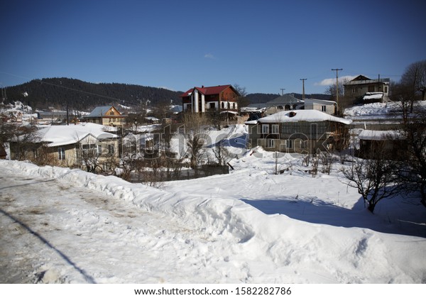 Bakuriani, Georgia, January 14,2019:\
private houses in the village of Bakuriani in\
Georgia