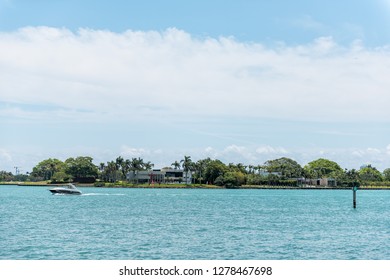 Bal Harbour, USA - May 8, 2018: Miami Florida With Ocean Biscayne Bay Intracoastal Water And View Of Indian Creek Billionaire Island With Boat Yacht