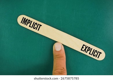 The balance between the words Explicit and Implicit. Explicit meaning is stated directly and clearly, leaving no room for doubt, while implicit meaning is understood through hints, suggestions.