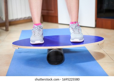 Balance Board, Close Up View With Athlete Feet, Rubber Mat.