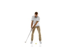 Balance. Golf Player In A White Shirt Practicing, Playing Isolated On White Studio Background With Copyspace. Professional Player Practicing With Bright Emotions And Facial Expression. Sport Concept.