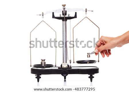 balance weights isolated on white. female hand puts weight on the scales