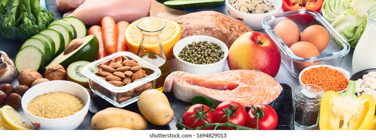 Balanced Diet Food Background.. Nutrition, Clean Eating Food Concept. Diet Plan With Vitamins And Minerals. Panorama, Banner