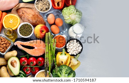 Balanced diet food background.. Nutrition, clean eating food concept. Diet plan with vitamins and minerals
