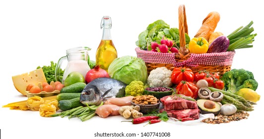Balanced diet food background. Selection of various paleo diet products for healthy nutrition  - Shutterstock ID 1407741008