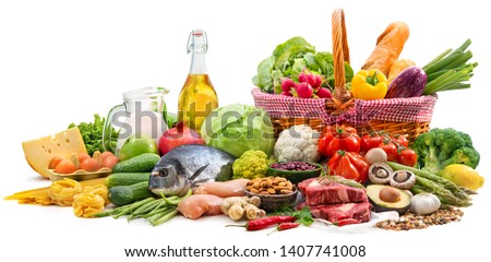 Balanced diet food background. Selection of various paleo diet products for healthy nutrition 