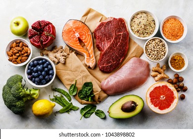 Balanced diet Organic Healthy food Clean eating selection Including Certain Protein Prevents Cancer: fish, meat, fruit, vegetable, cereal, leaf vegetable