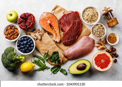 Balanced Diet Organic Healthy Food Clean Eating Selection Including Certain Protein Prevents Cancer: Fish, Meat, Fruit, Vegetable, Cereal, Leaf Vegetable