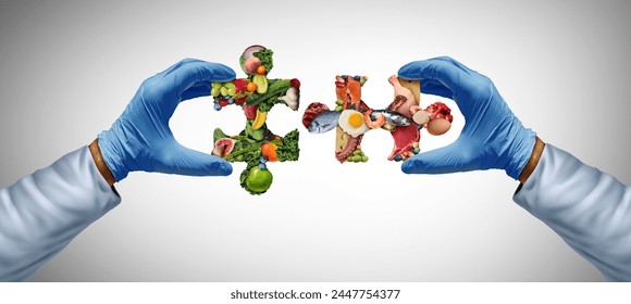 Balanced Diet Science and Nutrition sciences with two main Food groups as a nutritionist or scientist with nutrients solving a puzzle and caloric intake as a dietary health concept for wellness.
