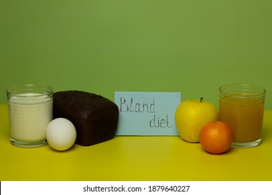 Balanced Nutrition Concept For Bland Diet. Weight Loss Planning. Milk, Bread, Eggs, Juice, Fruits On Yellow And Green Background. Copy Space.