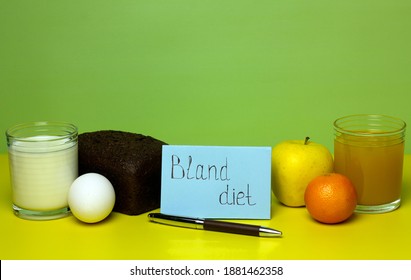 Balanced Nutrition Concept For Bland Diet. Weight Loss Planning. Milk, Bread, Eggs, Juice, Fruits On Yellow And Green Background. Copy Space.