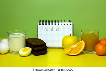 Balanced Nutrition Concept For Bland Diet. Weight Loss Planning. Milk, Bread, Eggs, Juice, Fruits On Yellow And Green Background. Copy Space.
