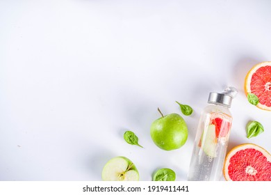 Balanced Nutrition Diet, Fitness Lifestyle Concept. Fresh Infused Drink In Glass Jar. Detox Water, Lemonade With Grapefruit And Green Apple.Top View Flat Lay Background