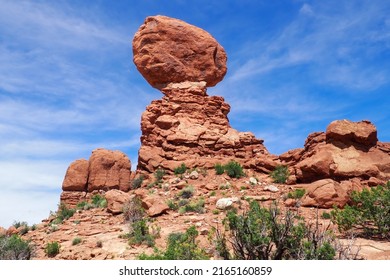 Balanced Rock formation in the Arches National Park, Utah, USA. Bizzare geological shapes in the desert of American southwest. Famous natural landmark in Utah - Shutterstock ID 2165160859