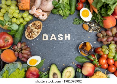 Balanced set of food for DASH diet to stop hypertension . Assortment of healthy food ingredients.