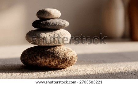 Balanced stack of multi-colored zen stones with window shadows on a beige background.