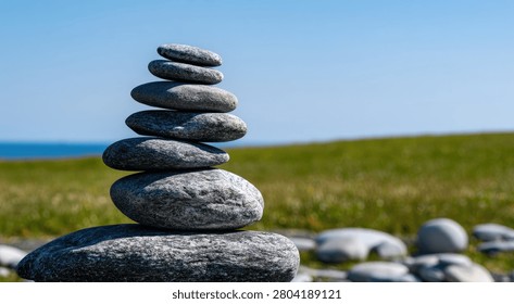 A balanced stack of smooth stones on a grassy hill overlooking the ocean, symbolizing peace and mindfulness.