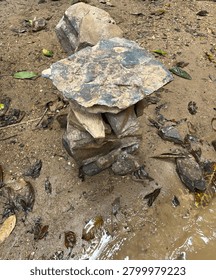 A balanced stone stack, or cairn, carefully constructed on the wet, sandy ground near a riverbank, showcasing a moment of peace, zen, and natural artistic arrangement in the wild outdoors.
