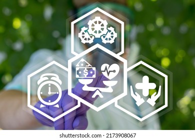 Balancing Health And Money Concept. Health Care Balance Harmony Success. Doctor Or Nurse Using Virtual Touchscreen Presses A Scales With Heart And Money.